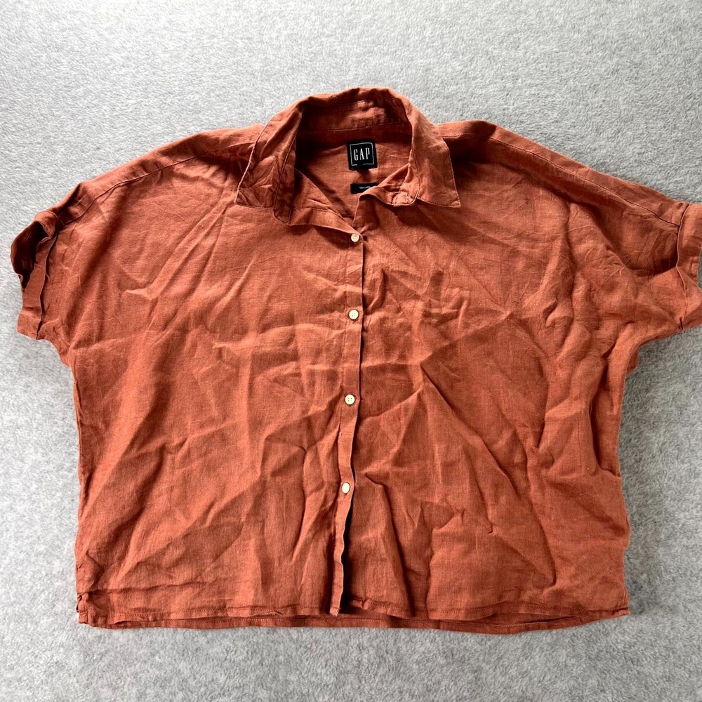 GAP Linen Shirt Womens Small Rust Orange Short Sleeve Collared Casual Button Up